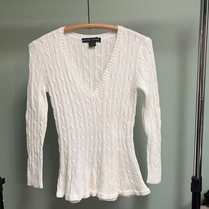 Ralph Lauren Women's White Cable Knit V-Neck Sweater